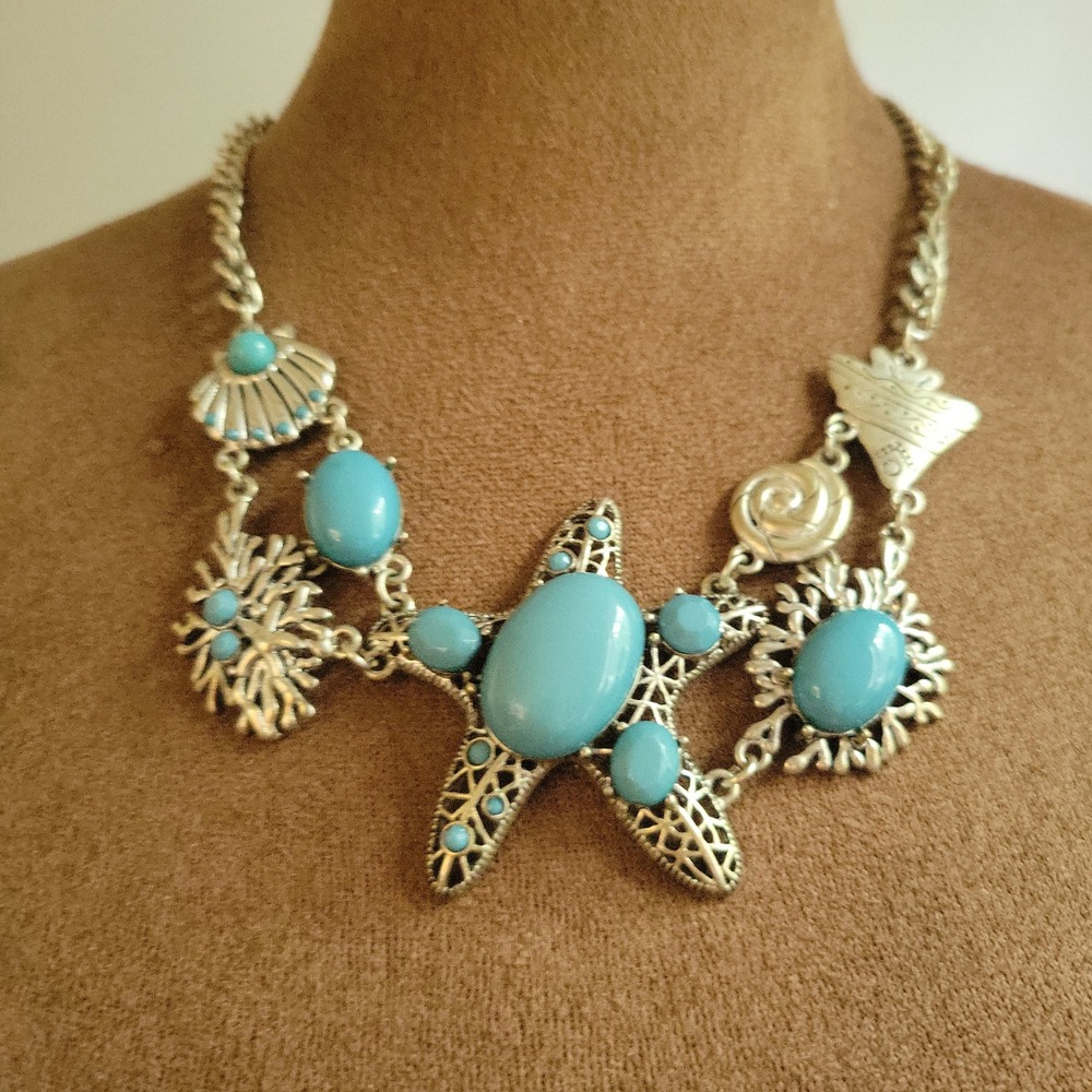 Silver Faux Turquoise Starfish Shell Coastal Statement Necklace 18" Beachcore